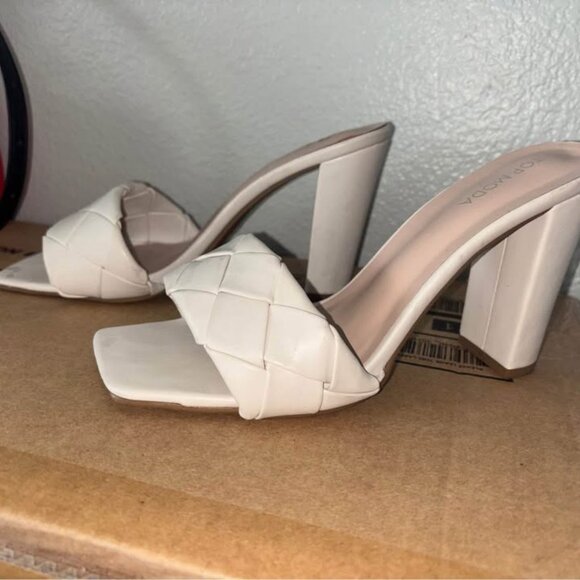 This is a pair of white square-toe flat sandals from the brand "TOP MODA". - Picture 2 of 5